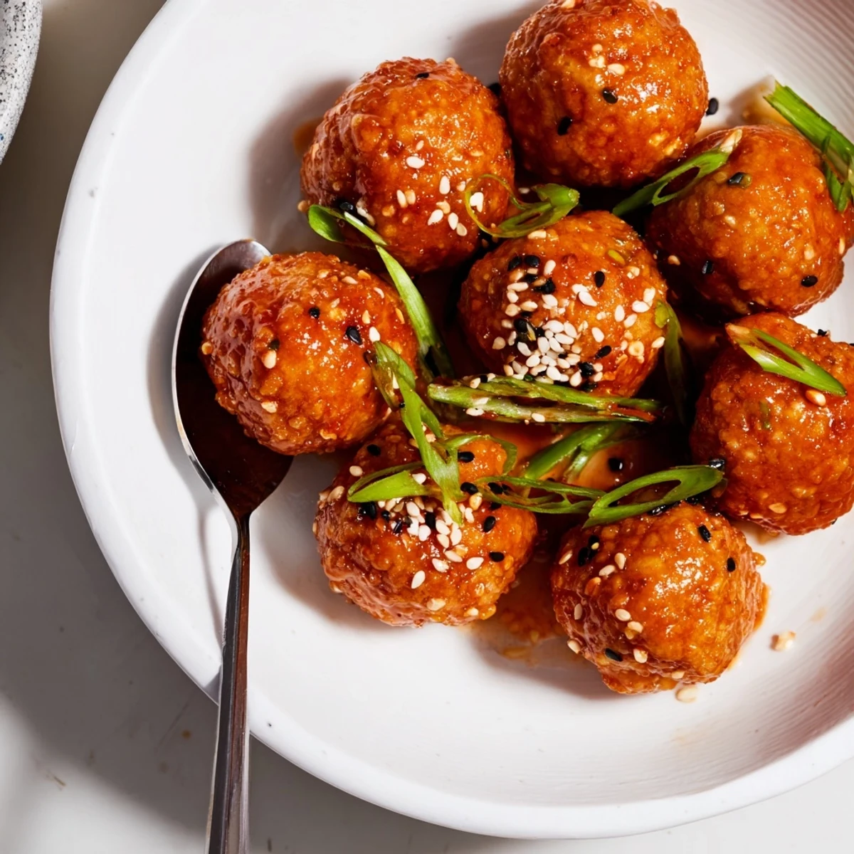 Vegan sweet chili tofu balls arranged on white plate garnished with fresh sliced green onions