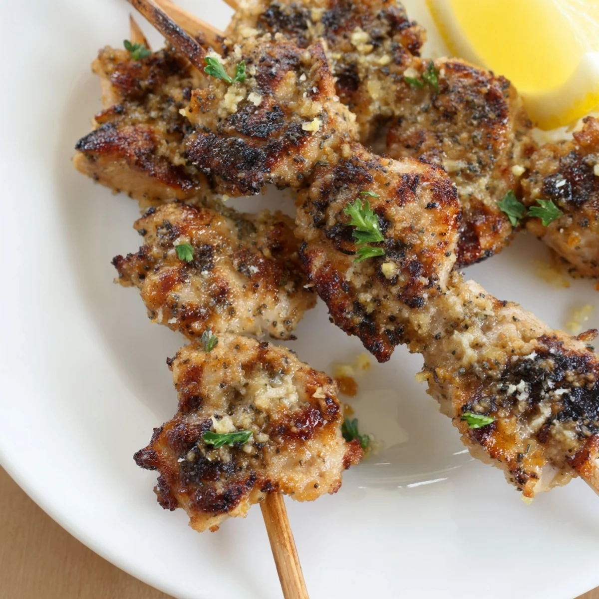 Savory Garlic Parmesan Chicken Skewers sizzling with char, garnished with lemon