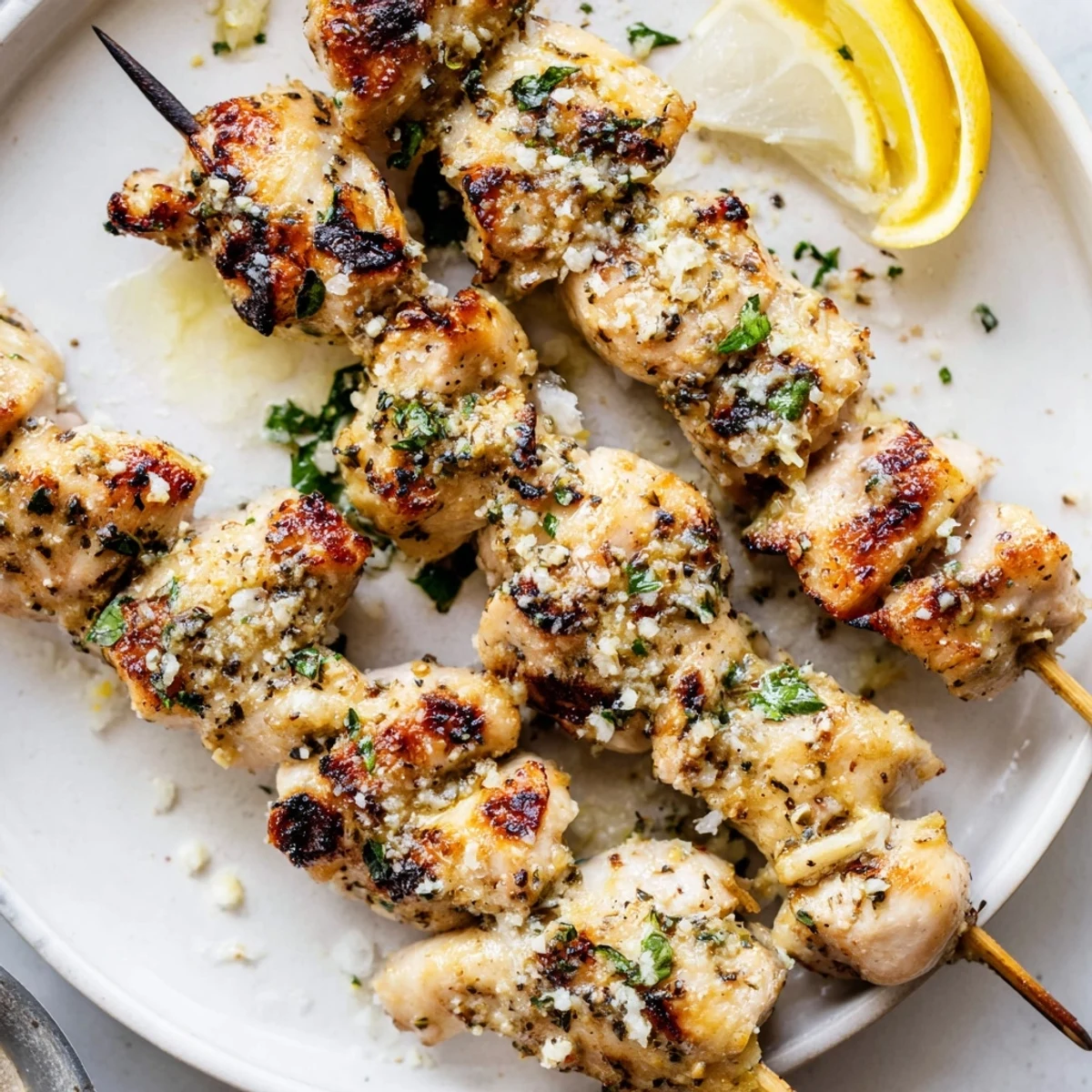 Grilled Savory Garlic Parmesan Chicken Skewers resting on platter with parsley