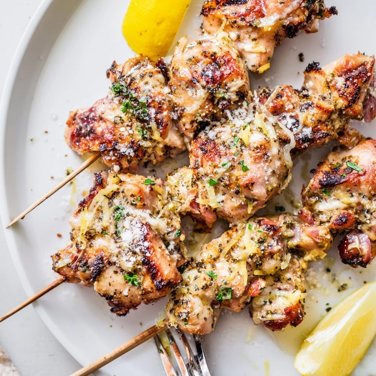 Summer-ready Savory Garlic Parmesan Chicken Skewers served with lemon wedges