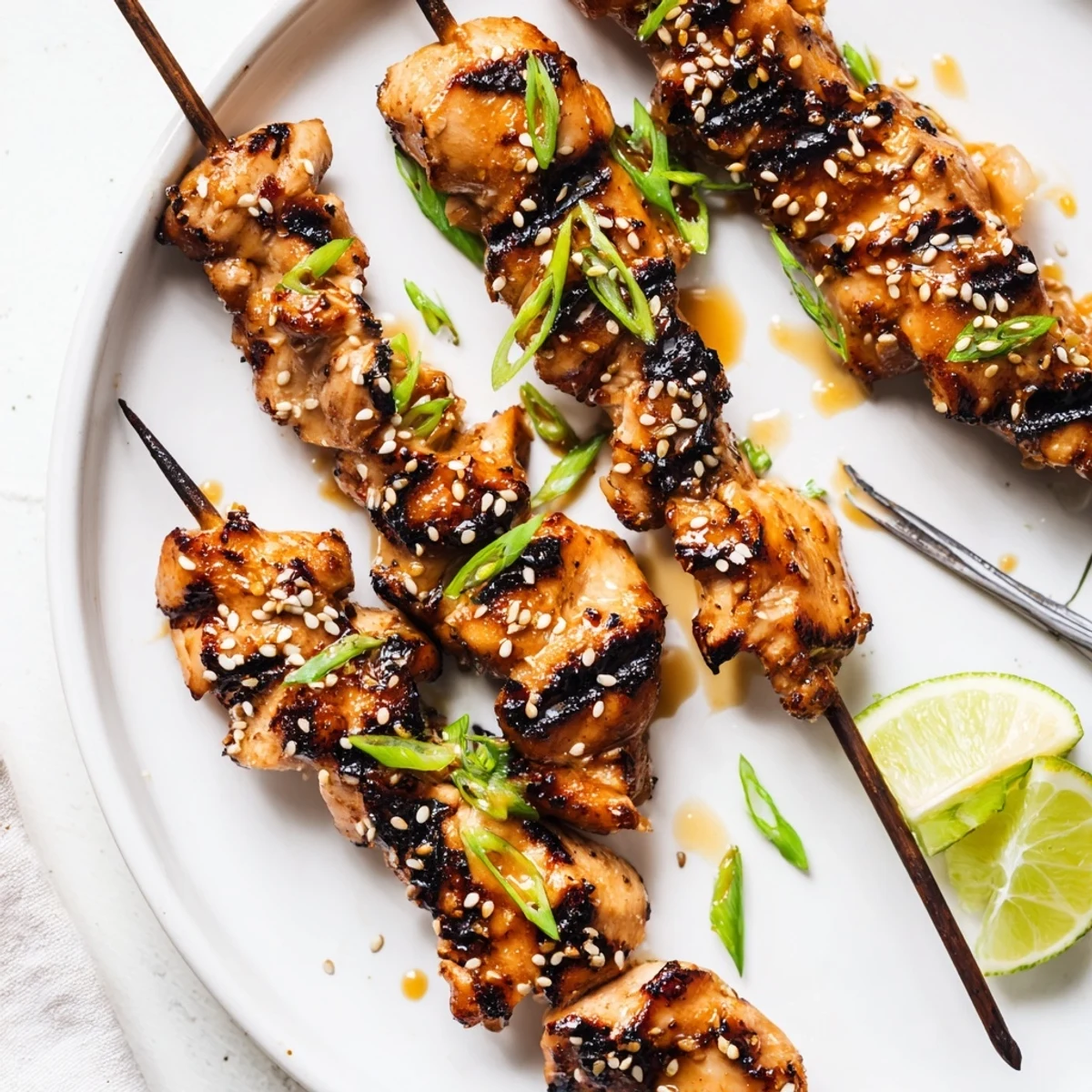 Grilled Asian Chicken Skewers With Honey Garlic Sauce drizzled over jasmine rice