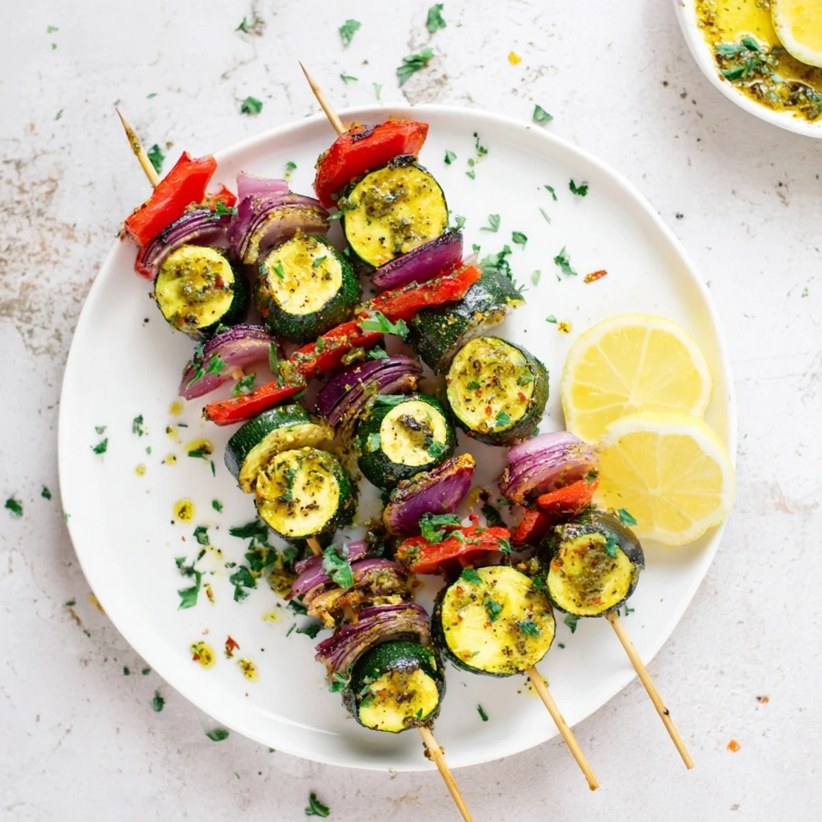 Golden grilled garlic butter zucchini skewers with charred edges and fresh parsley garnish