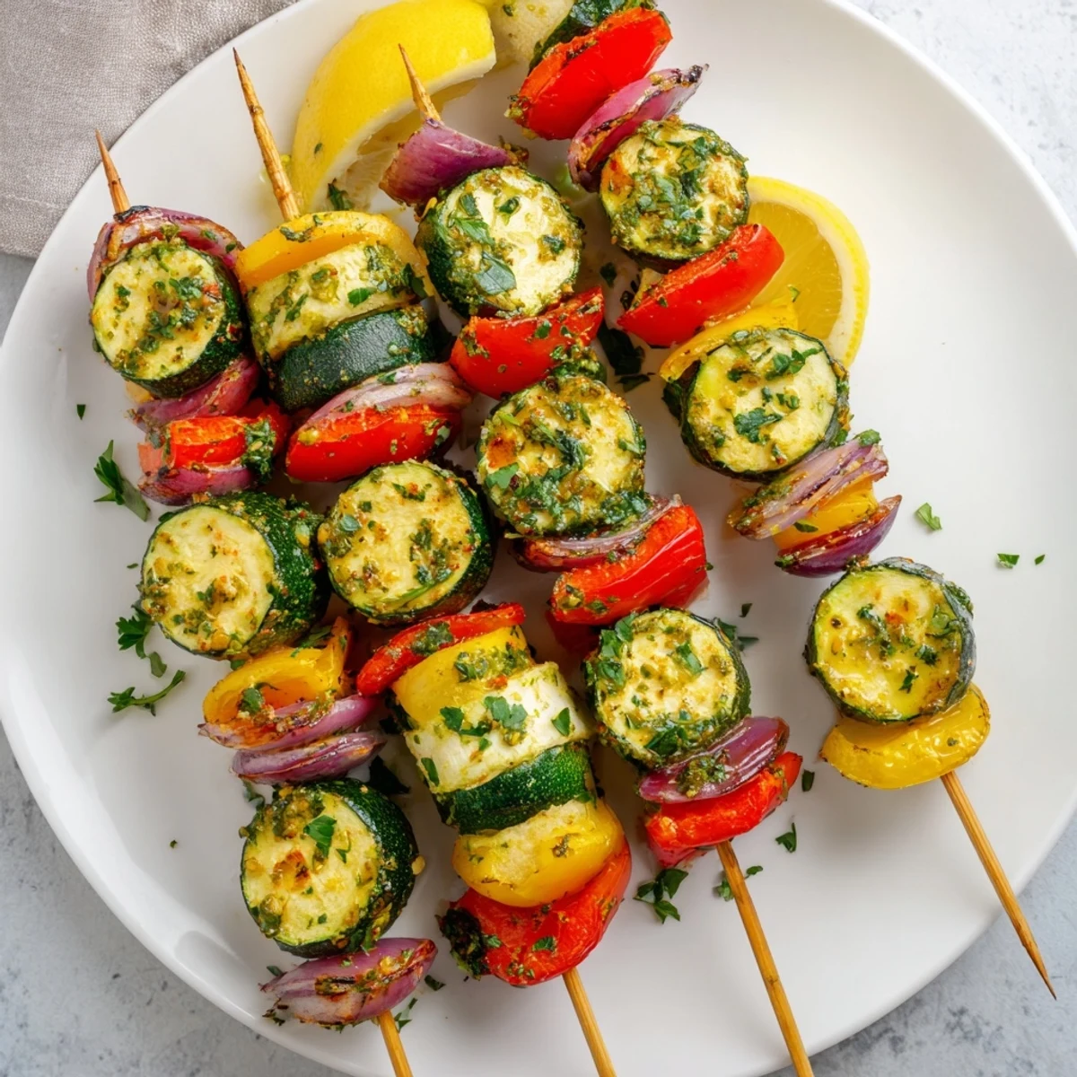Colorful vegetable skewers featuring zucchini brushed with aromatic garlic butter, grilled to perfection