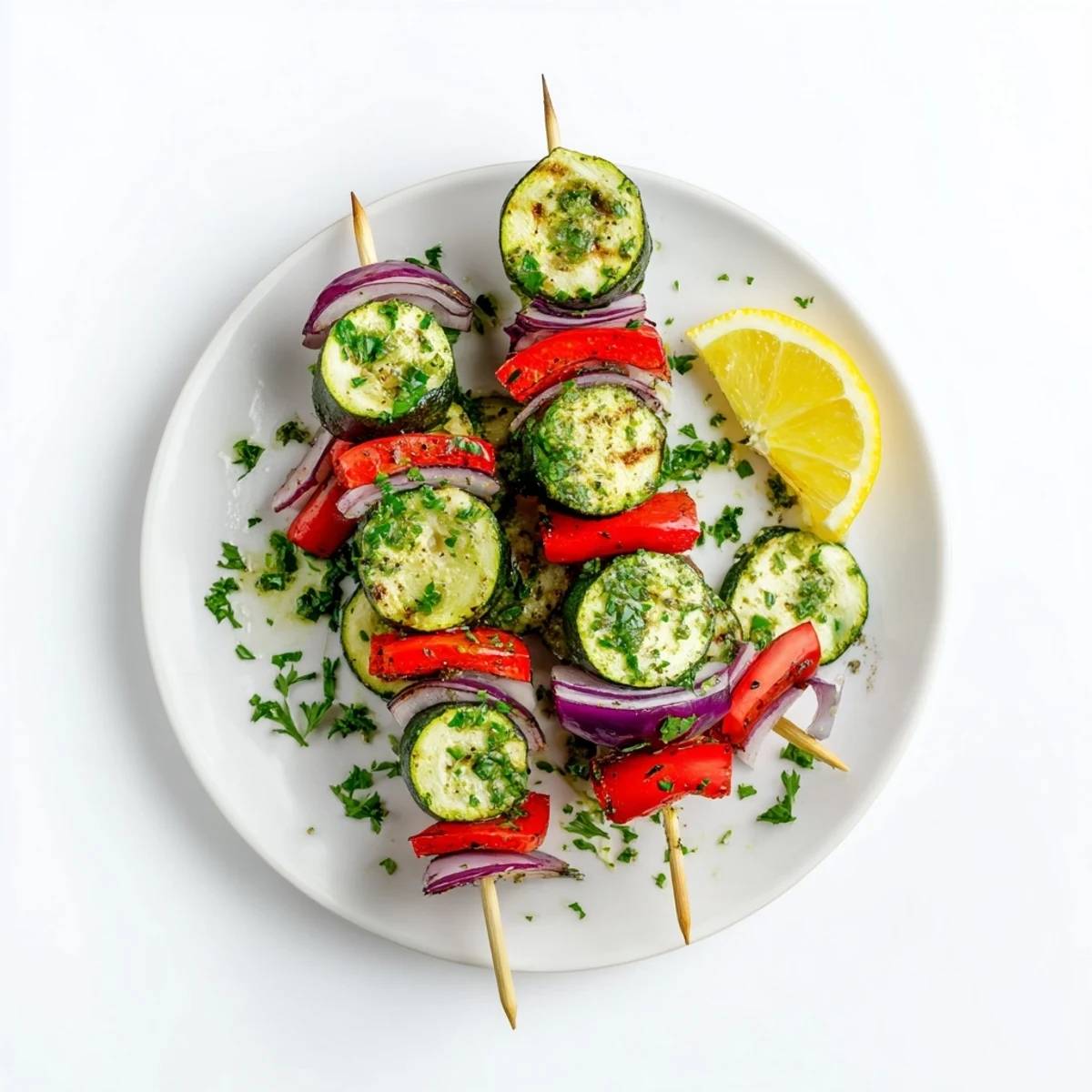 Tender zucchini rounds threaded on skewers basted in melted garlic butter and lemon zest