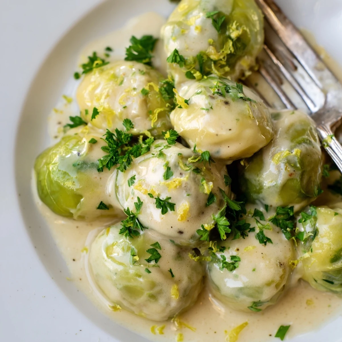 Golden tender Brussels sprouts coated in creamy melted Boursin cheese with fresh herbs