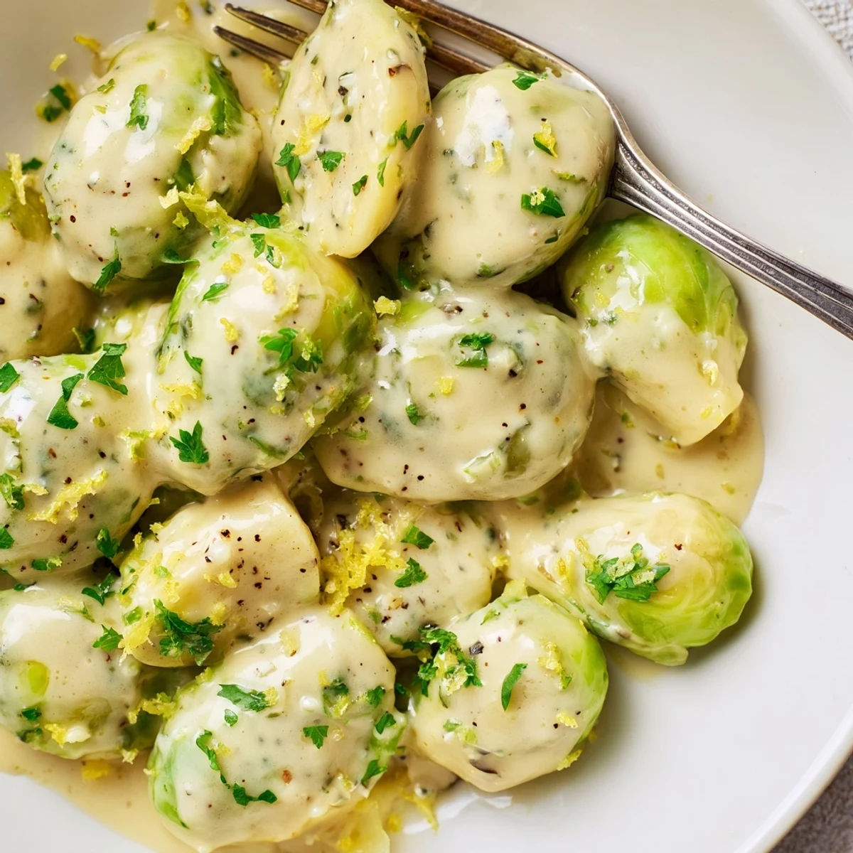Succulent halved Brussels sprouts swimming in rich garlic Boursin sauce with lemon zest garnish