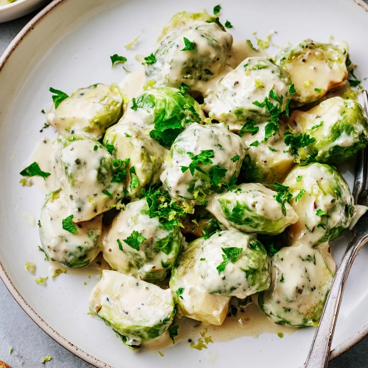 Creamy Boursin cheese glazed Brussels sprouts served in a white bowl with parsley topping