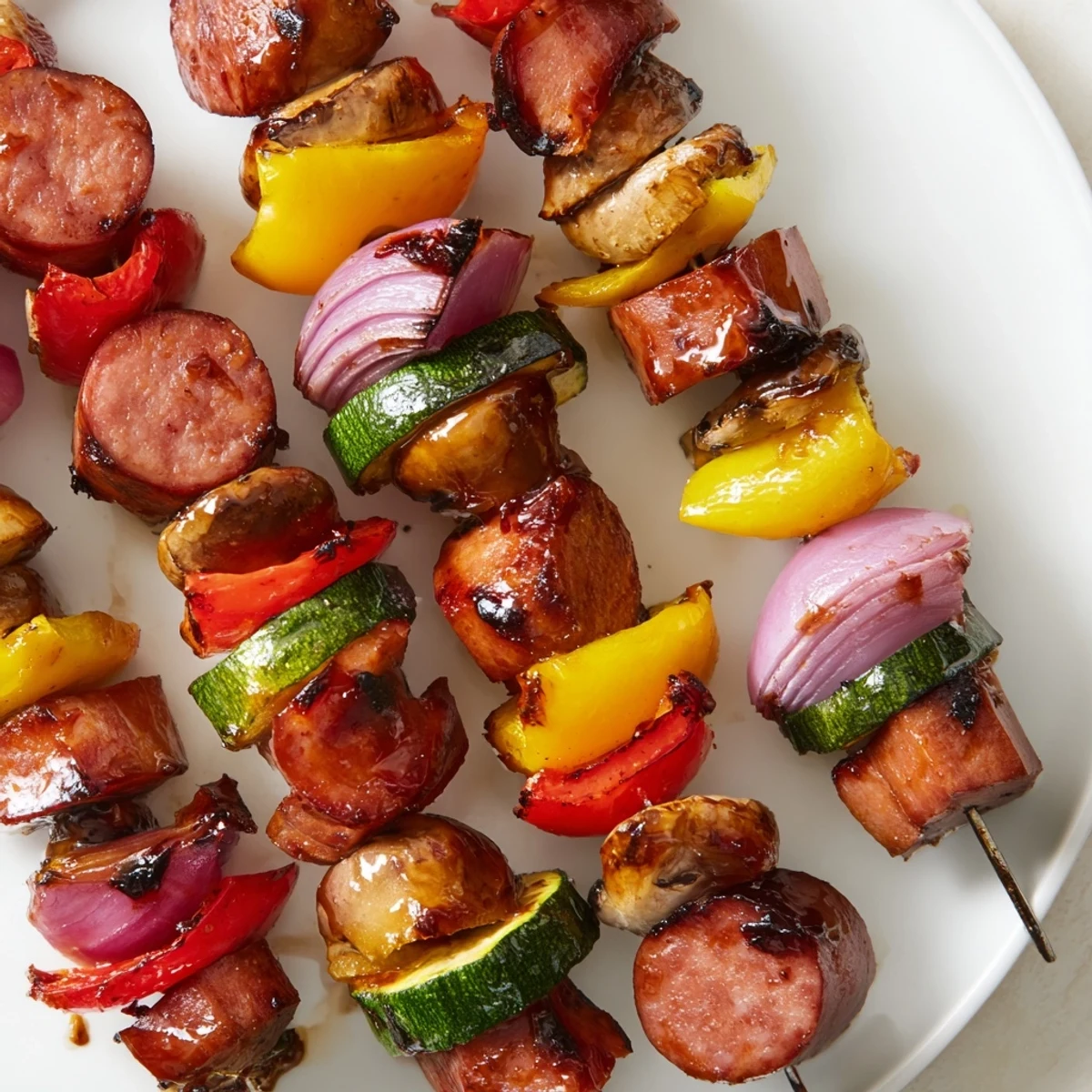 Golden grilled kielbasa kabobs with colorful vegetables coated in shiny balsamic honey glaze