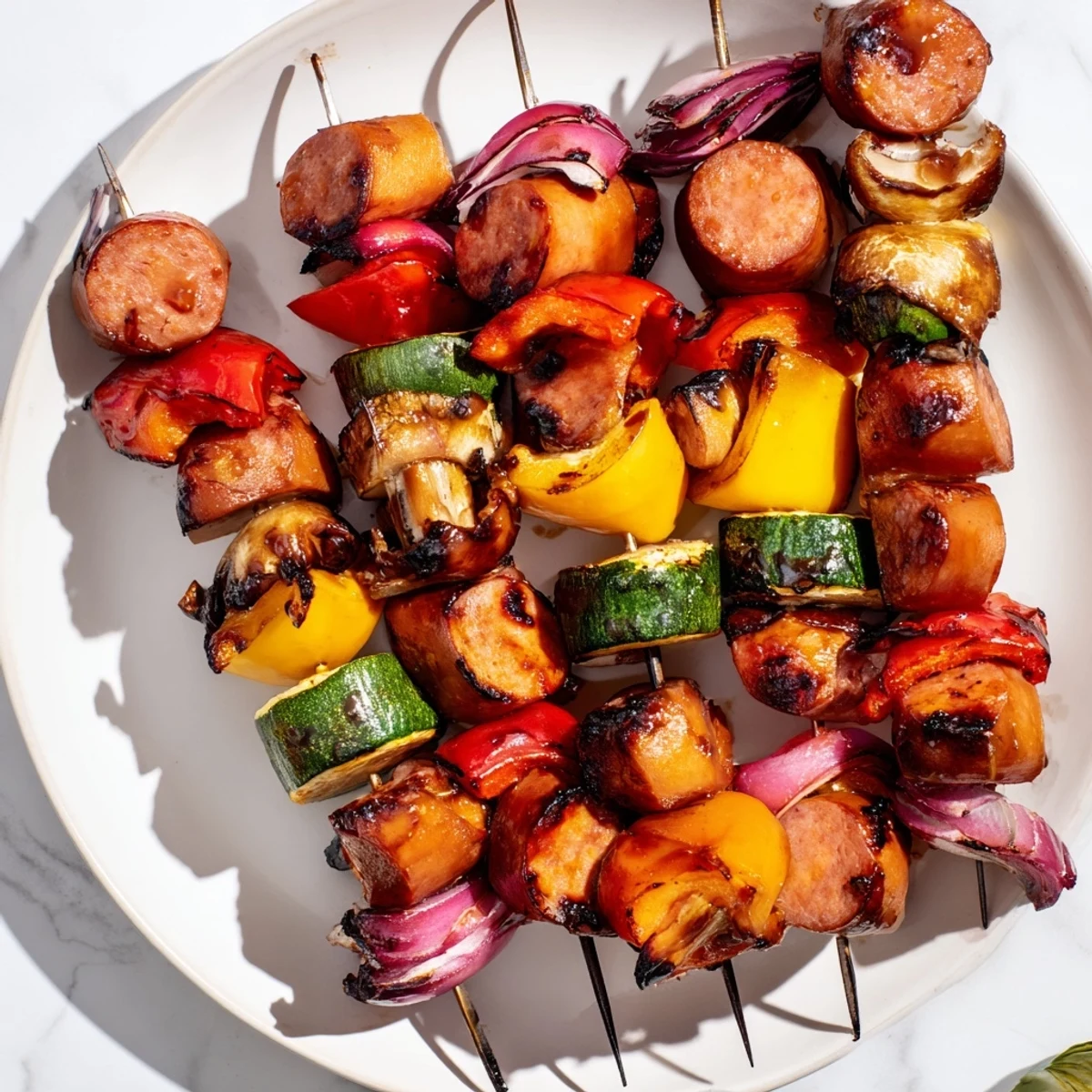 Savory sausage and vegetable skewers glistening with sweet balsamic honey glaze on the grill