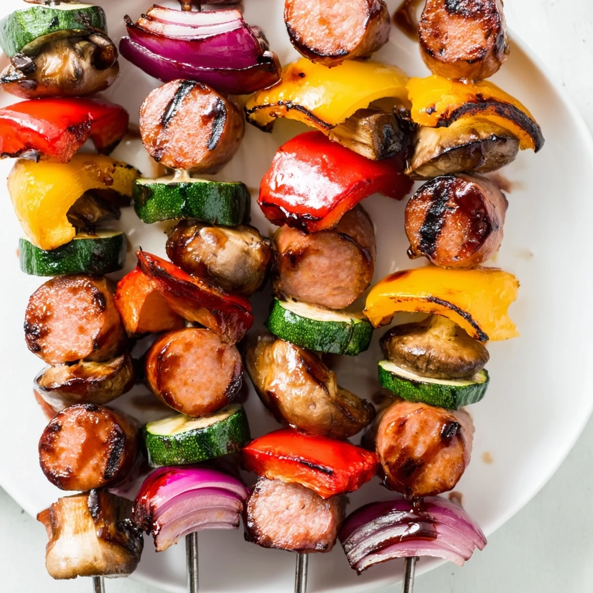 Charred kielbasa and bell pepper kabobs brushed with tangy honey balsamic glaze, ready to serve