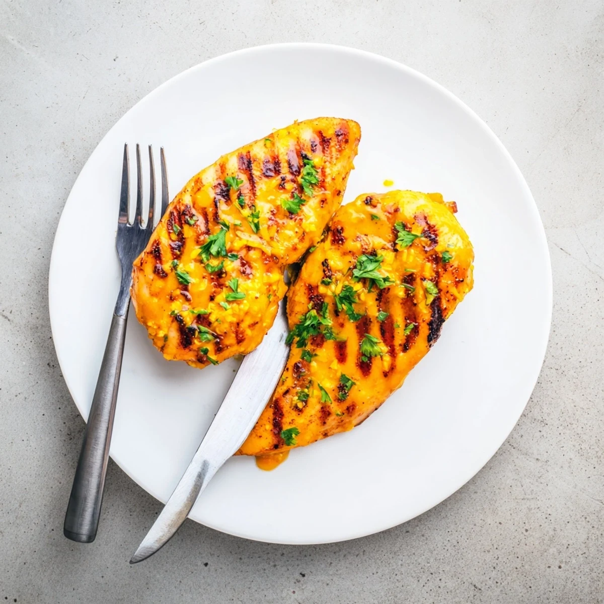 Golden grilled orange Dijon chicken breasts with charred grill marks and citrus glaze