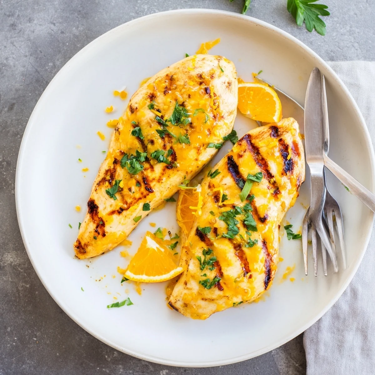 Juicy chicken marinated in orange Dijon sauce, garnished with fresh parsley and orange slices