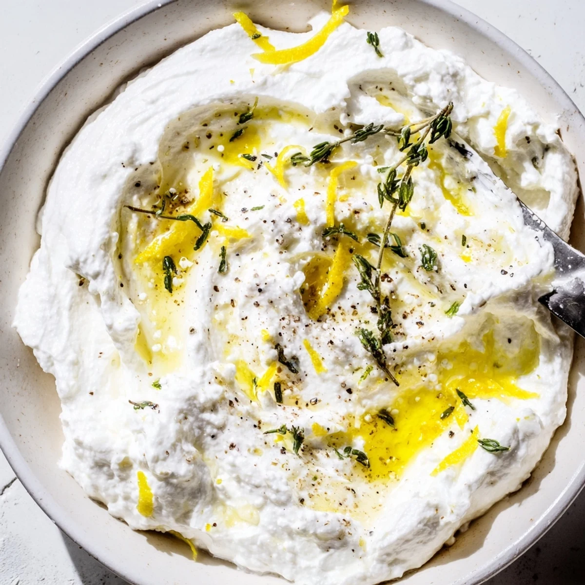 Creamy whipped ricotta appetizer drizzled with olive oil and fresh herbs