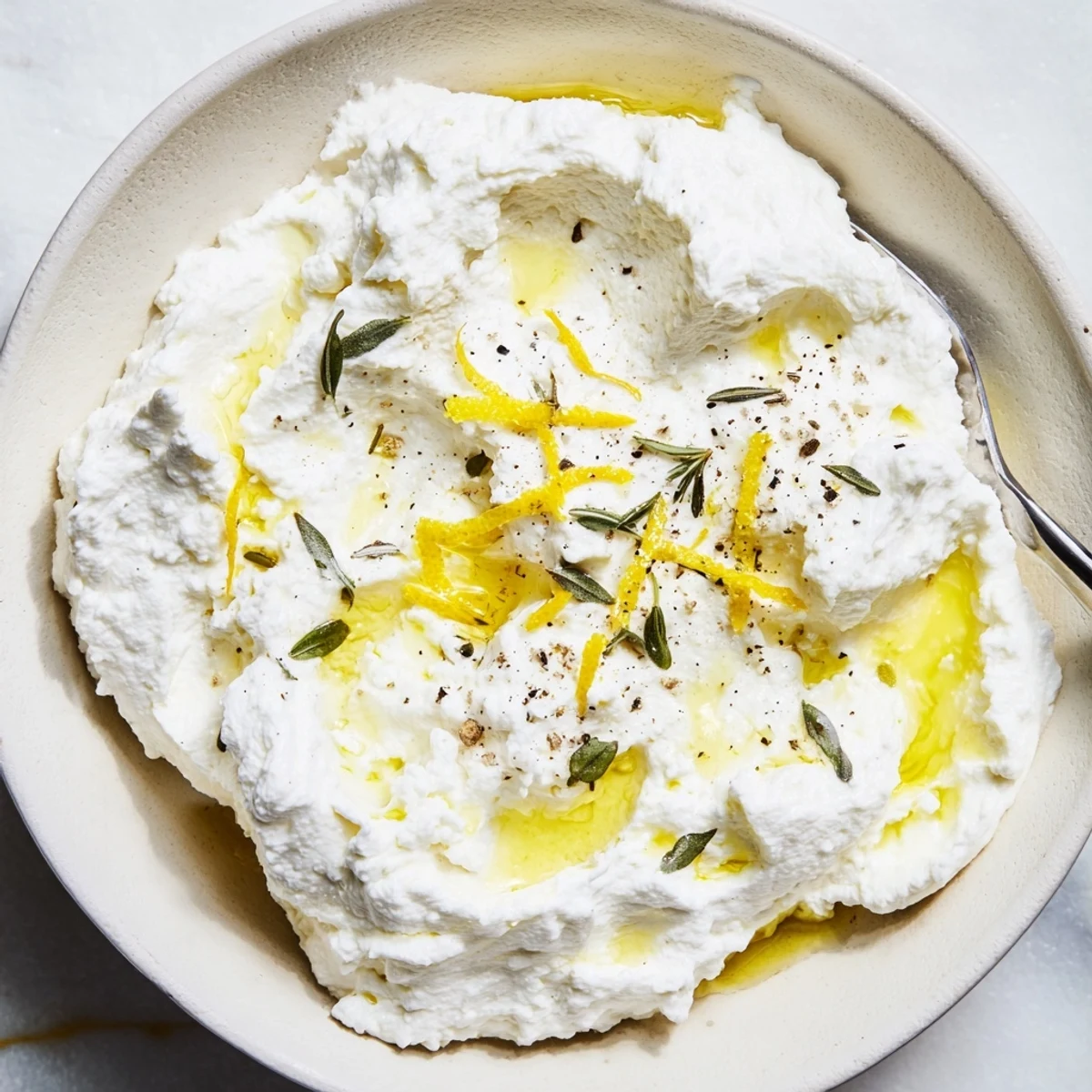 Smooth whipped ricotta topped with lemon zest honey and red pepper flakes