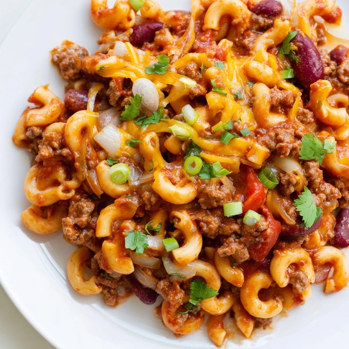 Creamy chili mac and cheese recipe topped with melted cheddar and fresh green onions