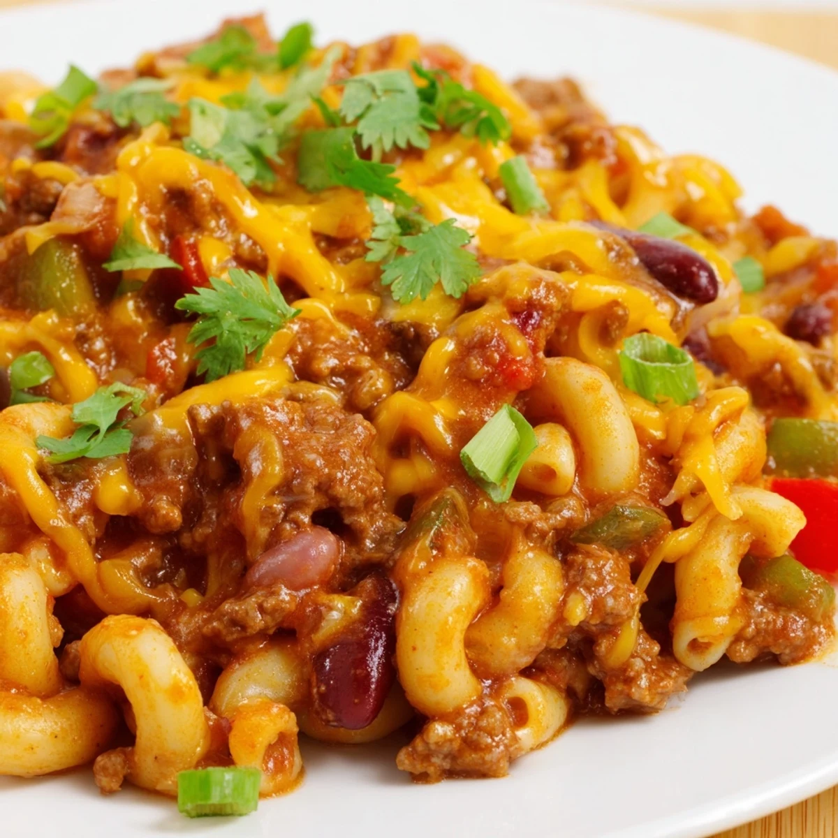 Hearty bowl of homemade chili mac and cheese with ground beef and kidney beans