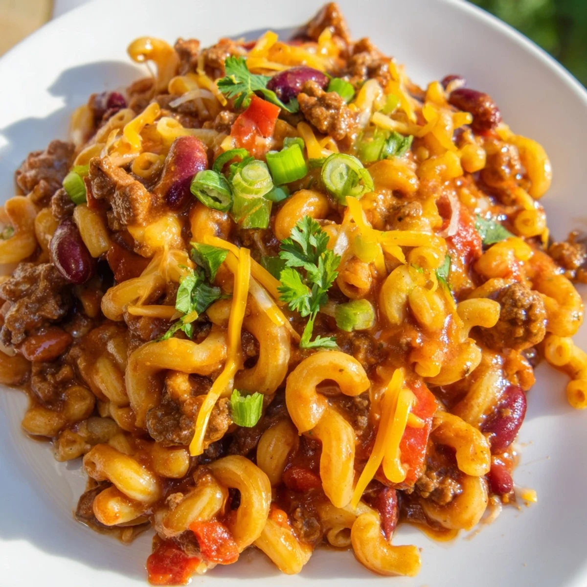 Steaming chili mac and cheese recipe garnished with cilantro and extra shredded cheese
