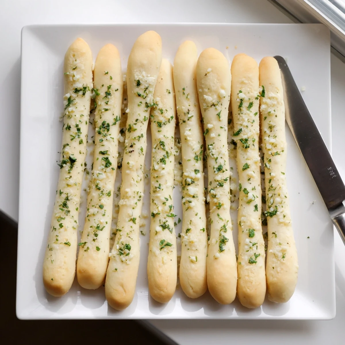 Golden homemade garlic breadsticks brushed with melted butter and fresh parsley on a white serving plate
