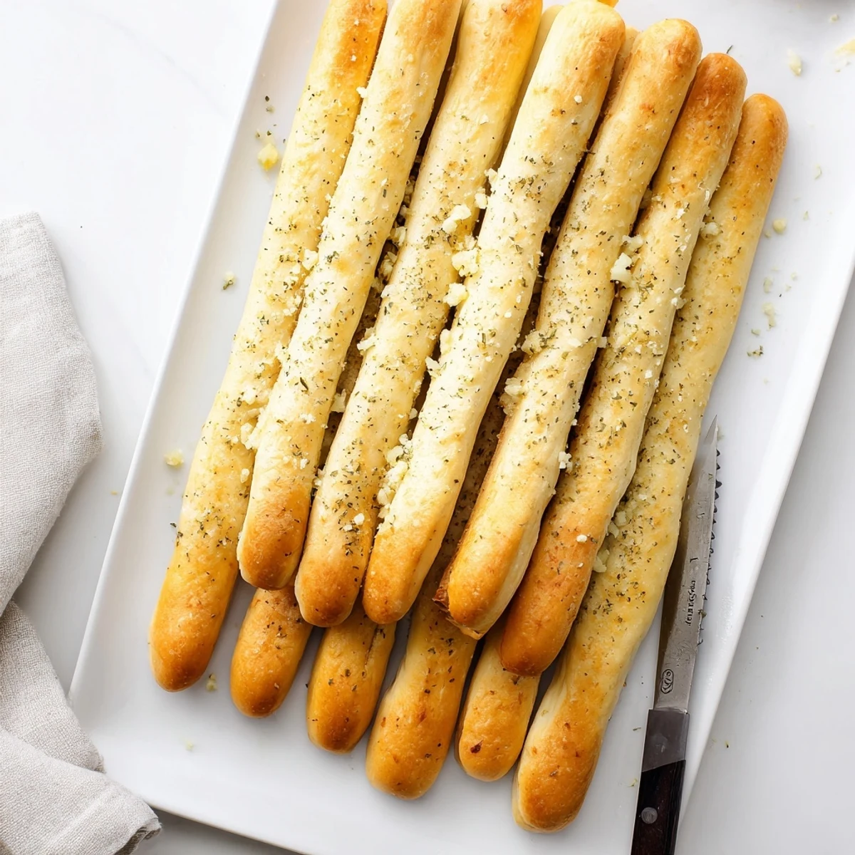 Soft Italian garlic breadsticks arranged in a basket, ready to serve with warm marinara dipping sauce