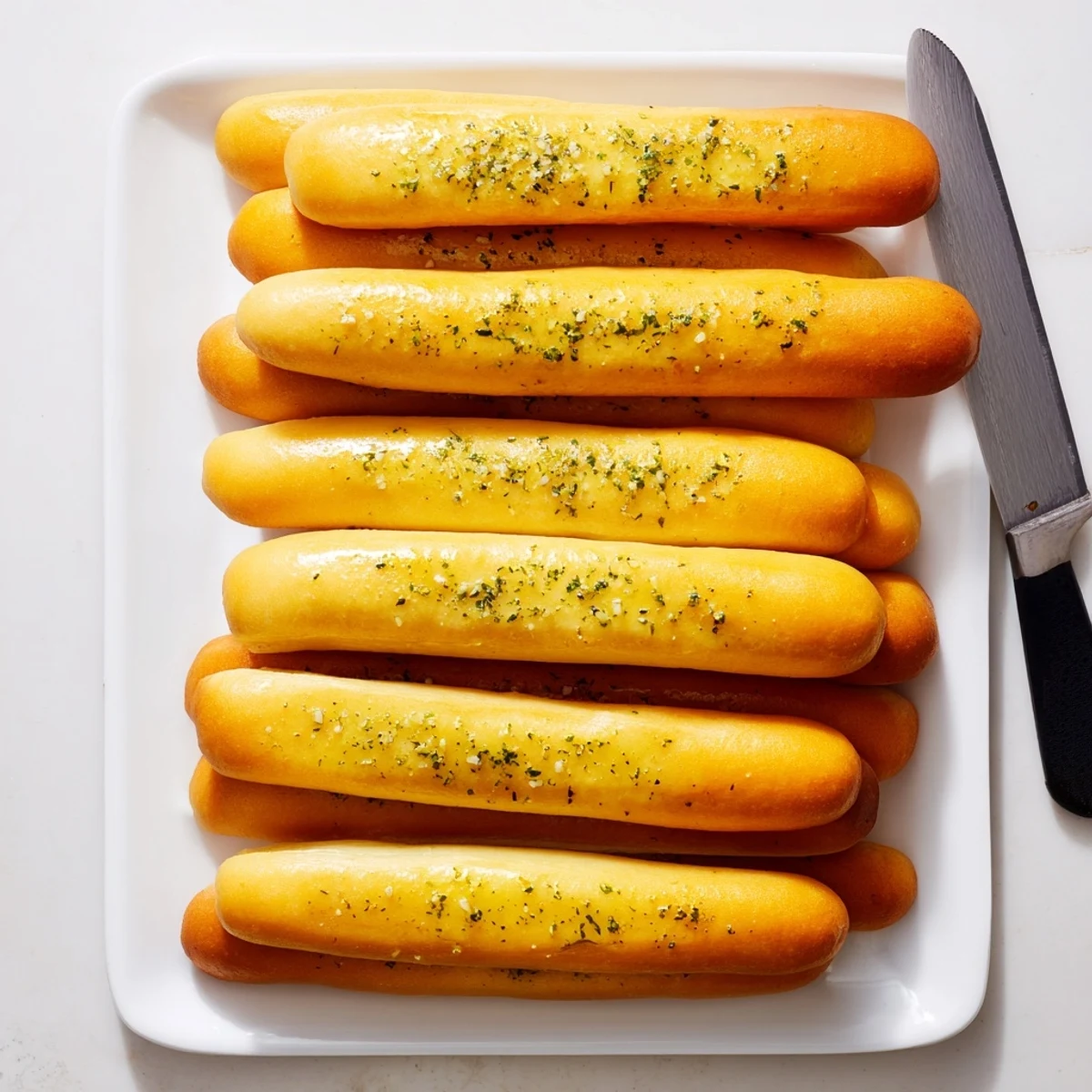 Freshly baked garlic breadsticks with glossy butter coating and golden brown crust, sprinkled with green parsley flakes