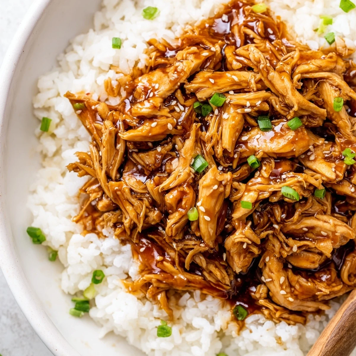 Crockpot Honey Garlic Chicken shredded over steaming white rice, glossy golden sauce.