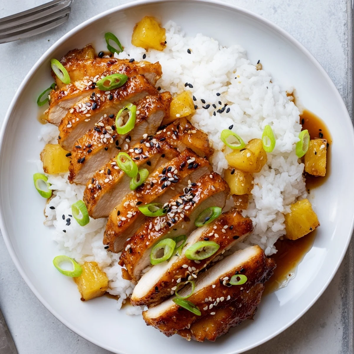 Sliced Hawaiian Chicken With Coconut Rice served with pineapple, green onions, sesame