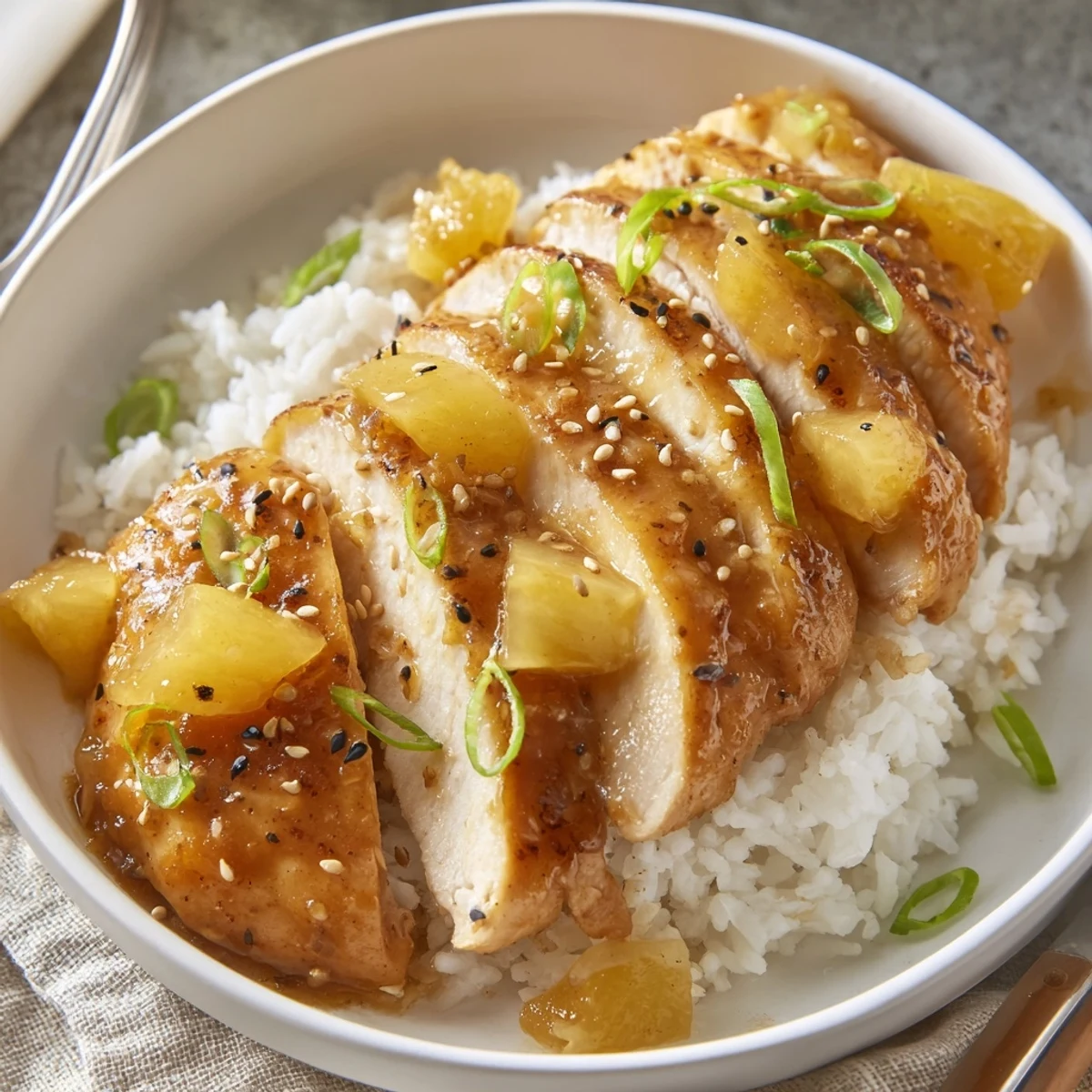 Hawaiian Chicken With Coconut Rice glistening in sweet-tangy glaze over steaming rice