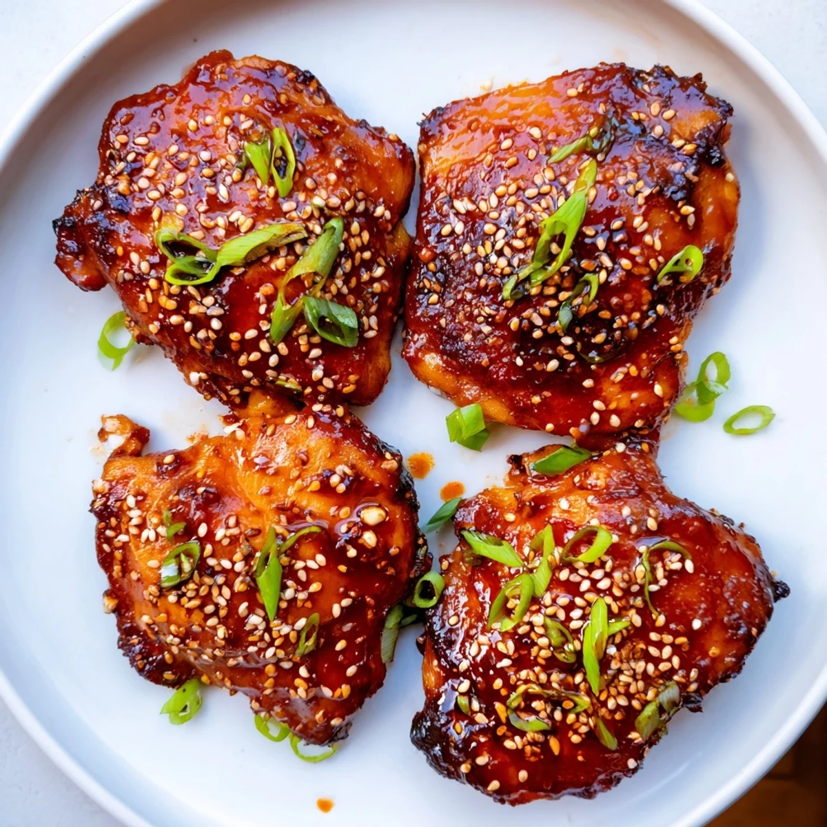Juicy Korean Chicken Thighs glazed and caramelized, garnished with sesame and scallions.