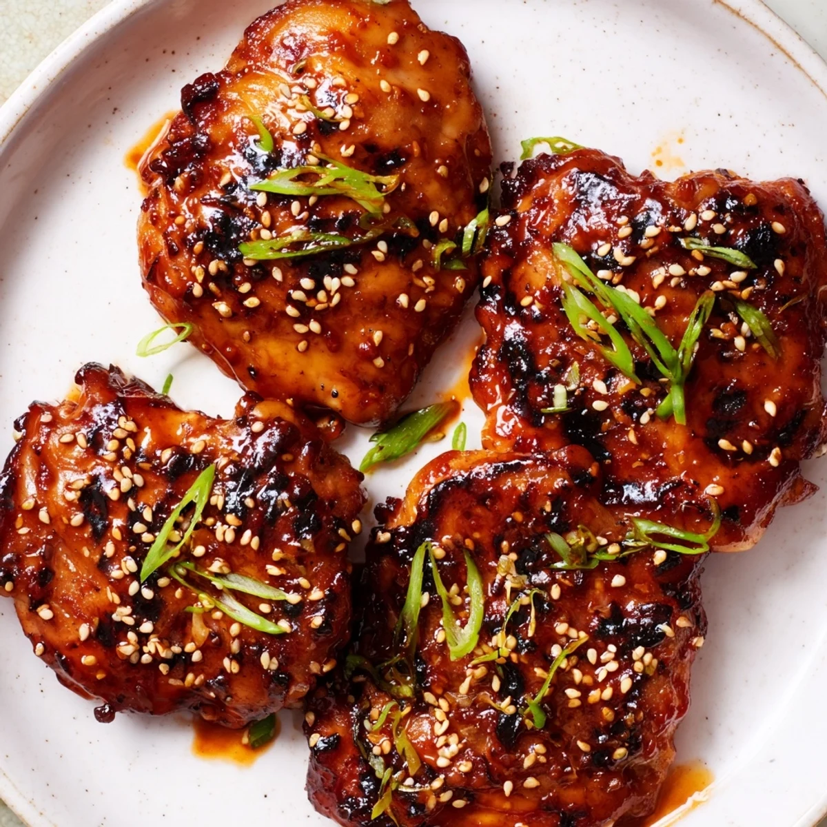 Grilled Juicy Korean Chicken Thighs steaming on a platter with white rice.