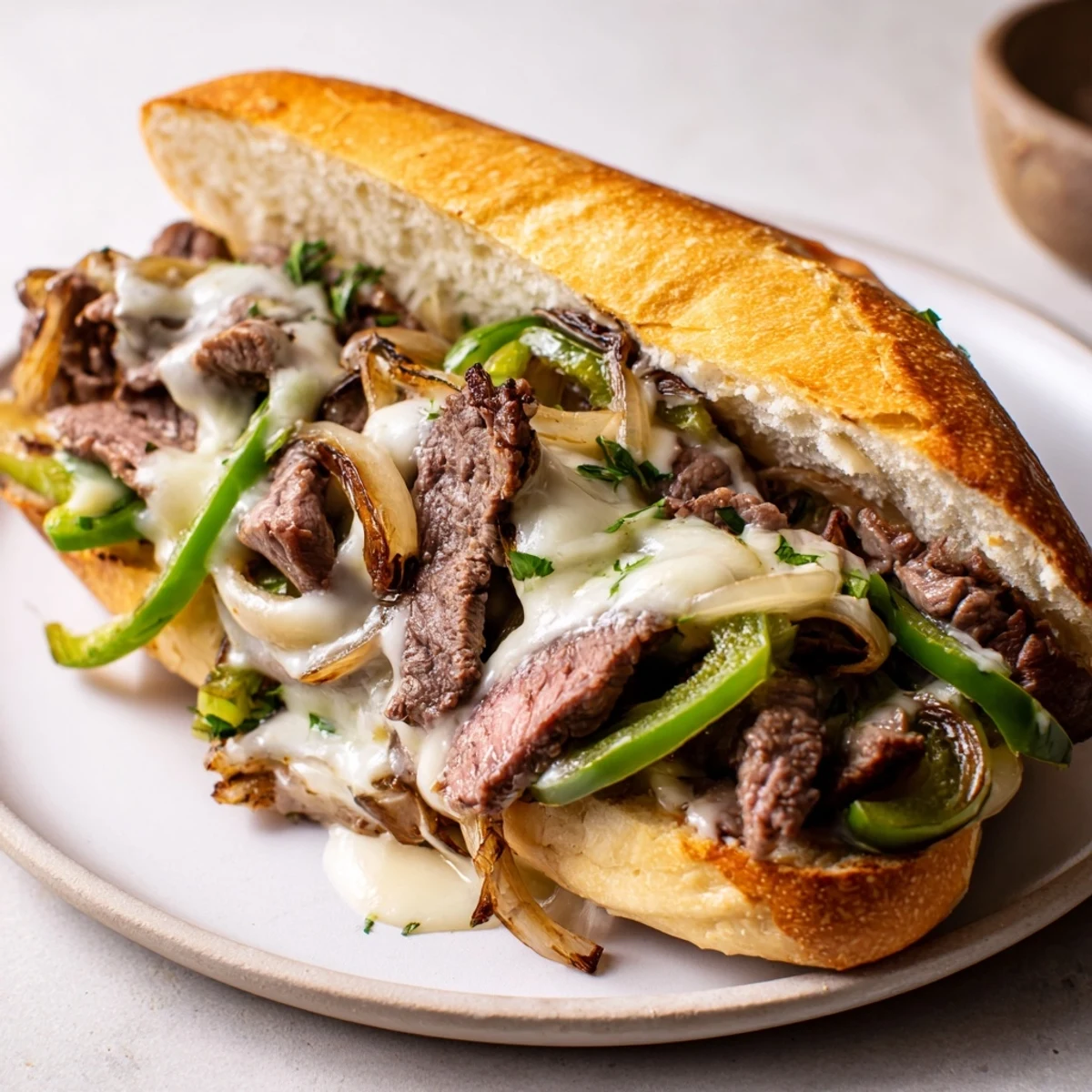 Warm Philly Cheesesteak Garlic Bread topped with melted provolone and parsley