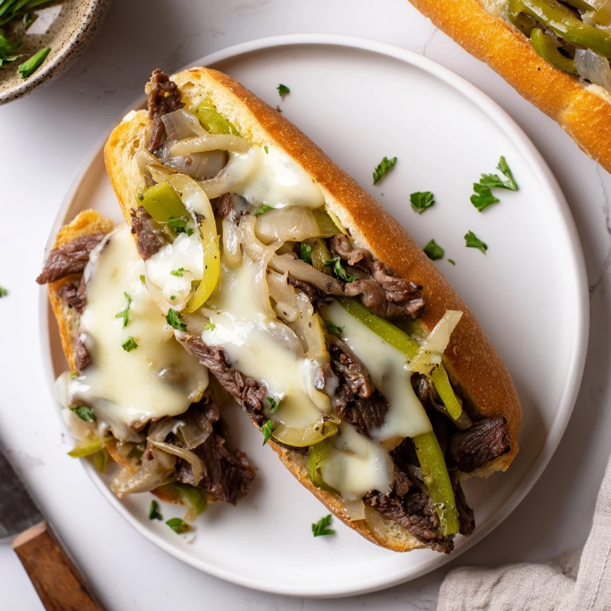 Sliced Philly Cheesesteak Garlic Bread on a baking sheet, gooey cheese pull