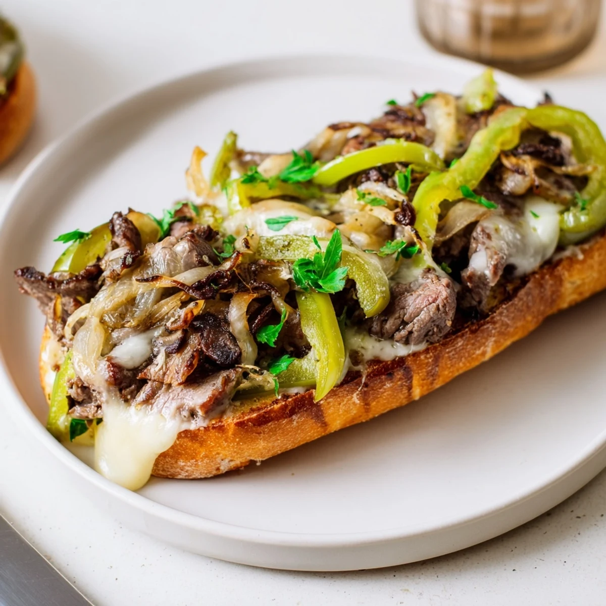 Crisp, buttery Philly Cheesesteak Garlic Bread served hot with a cold lager