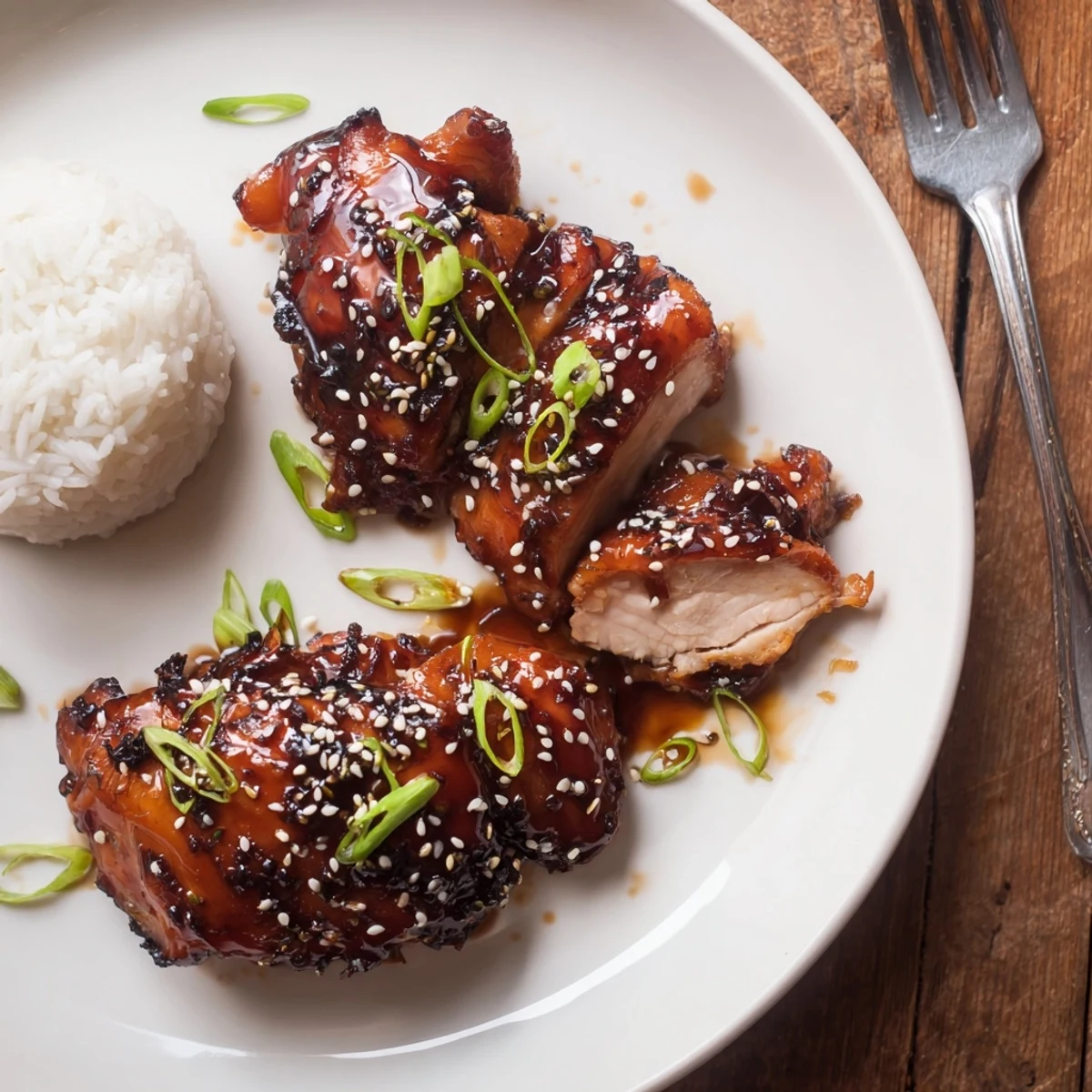 Honey Soy Chicken glazed golden, sprinkled sesame seeds, served over steaming rice