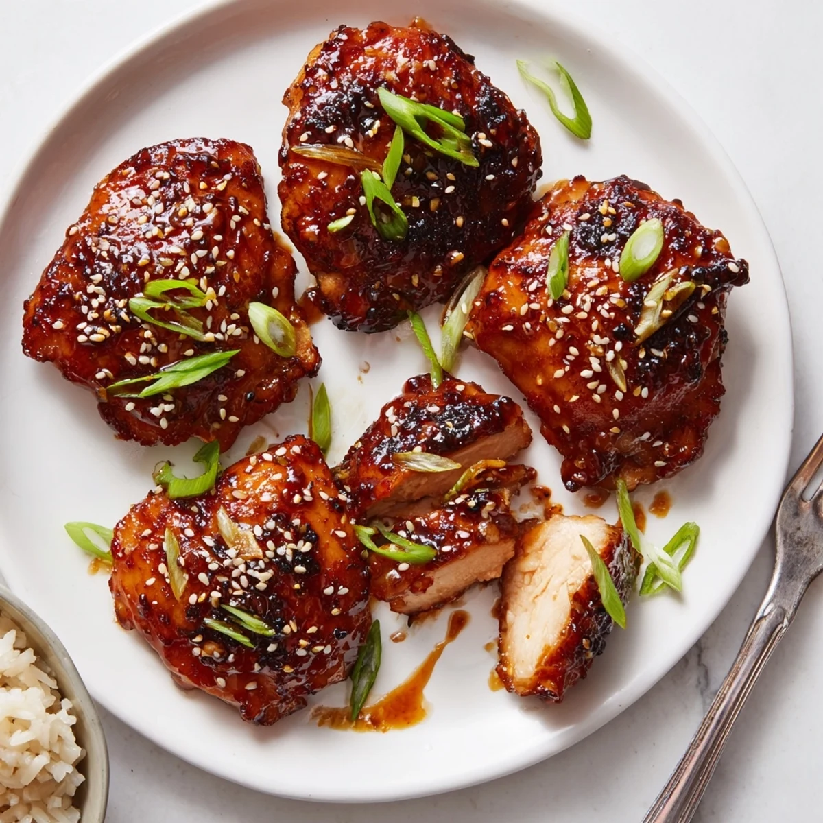 Caramelized Honey Soy Chicken thighs sizzling in skillet with scallions and garlic