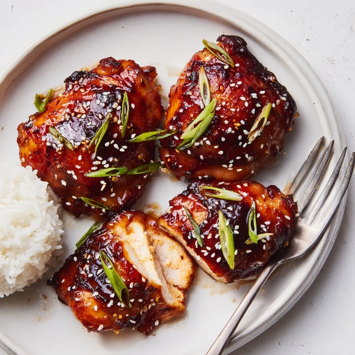Baked Honey Soy Chicken resting on cutting board, glossy sauce and garnish