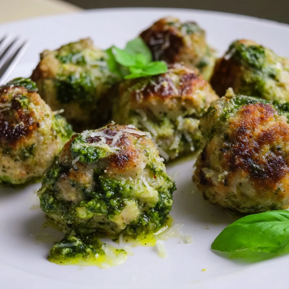 Pesto Baked Turkey Meatballs glistening with olive oil, baked golden and steaming