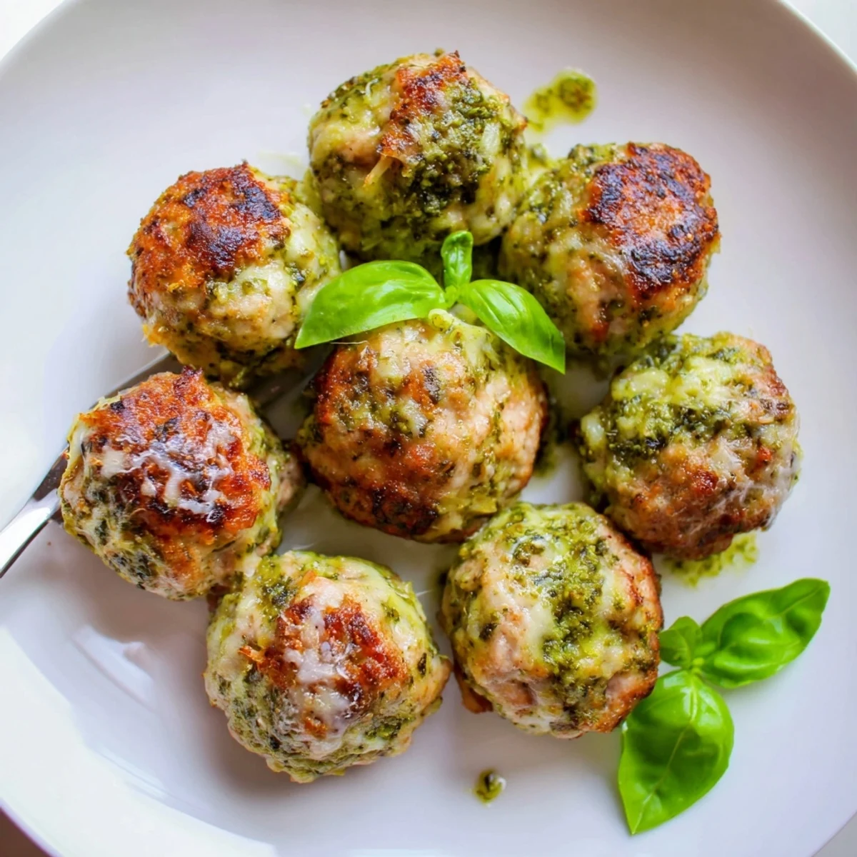 Warm Pesto Baked Turkey Meatballs served over zucchini noodles with basil garnish