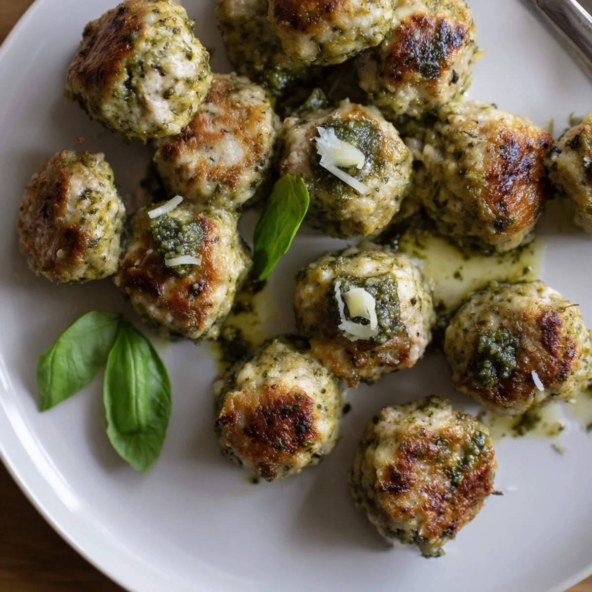 Family-style Pesto Baked Turkey Meatballs tender and herb-scented, sprinkled with Parmesan