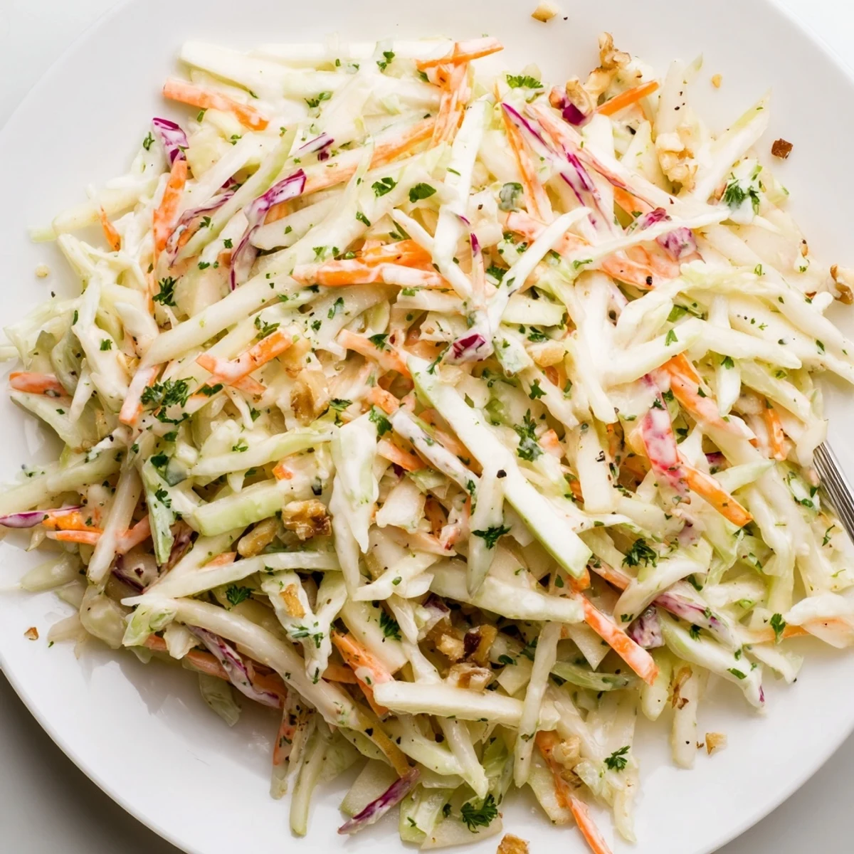 Crunchy Apple Coleslaw with thin matchsticks of Granny Smith and Honeycrisp apples  