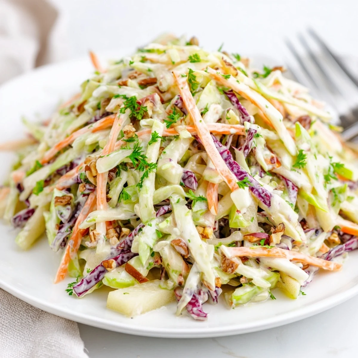 Shredded cabbage and apples in Apple Coleslaw, crisp and tangy, chilled