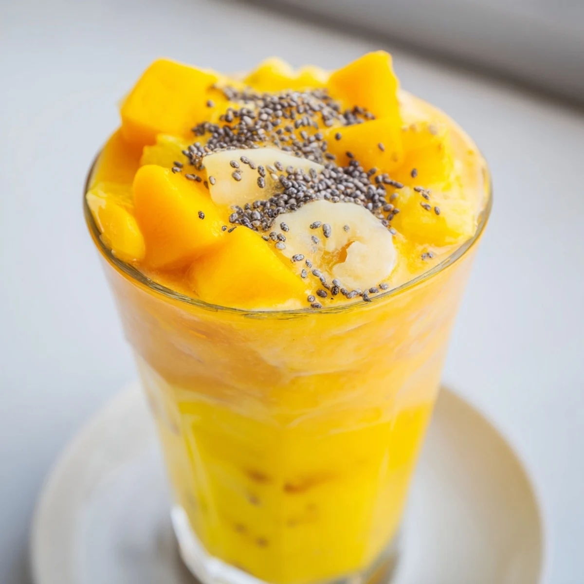 Creamy Tropical Sunrise Protein Smoothie blending frozen banana, mango, and vanilla protein powder