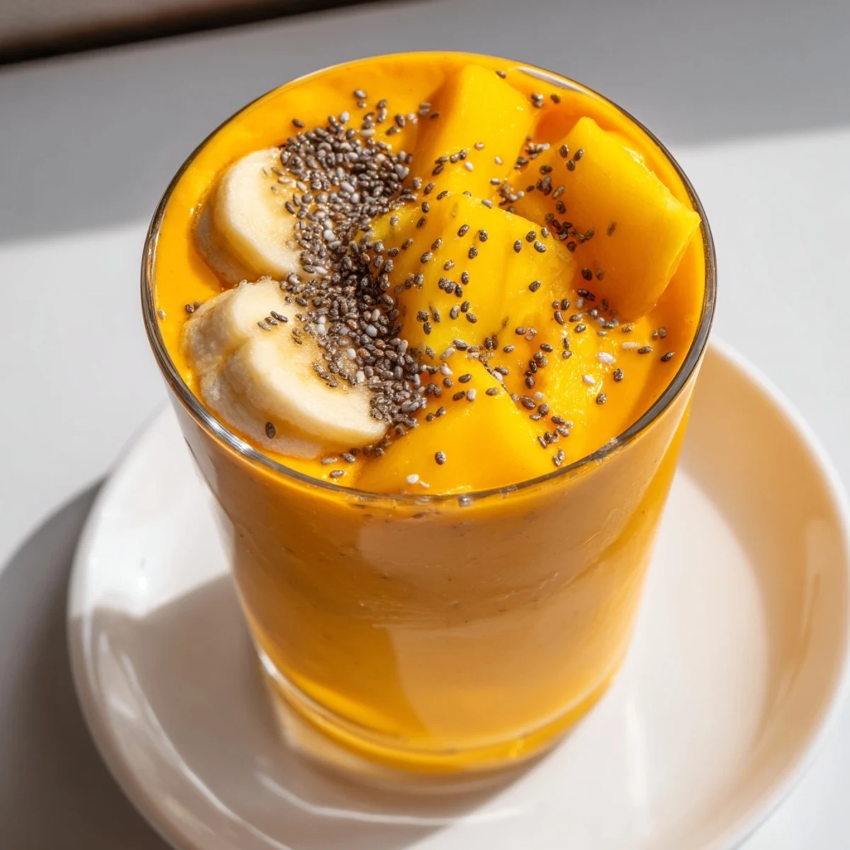 Tropical Sunrise Protein Smoothie poured into tall glasses with fresh mango and pineapple garnish