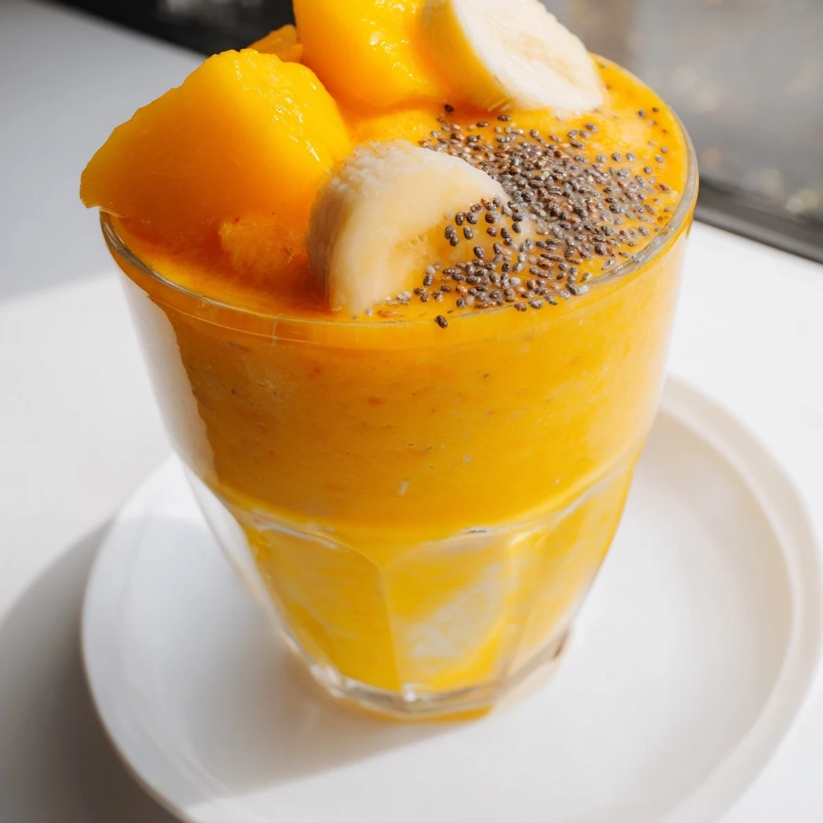 Vibrant orange Tropical Sunrise Protein Smoothie topped with chia seeds and coconut flakes