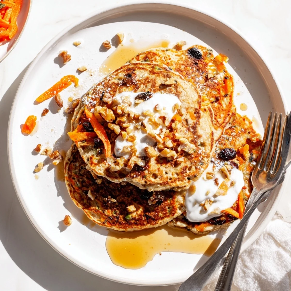 Fluffy spiced carrot cake pancakes drizzled with maple syrup and sprinkled with extra walnut pieces