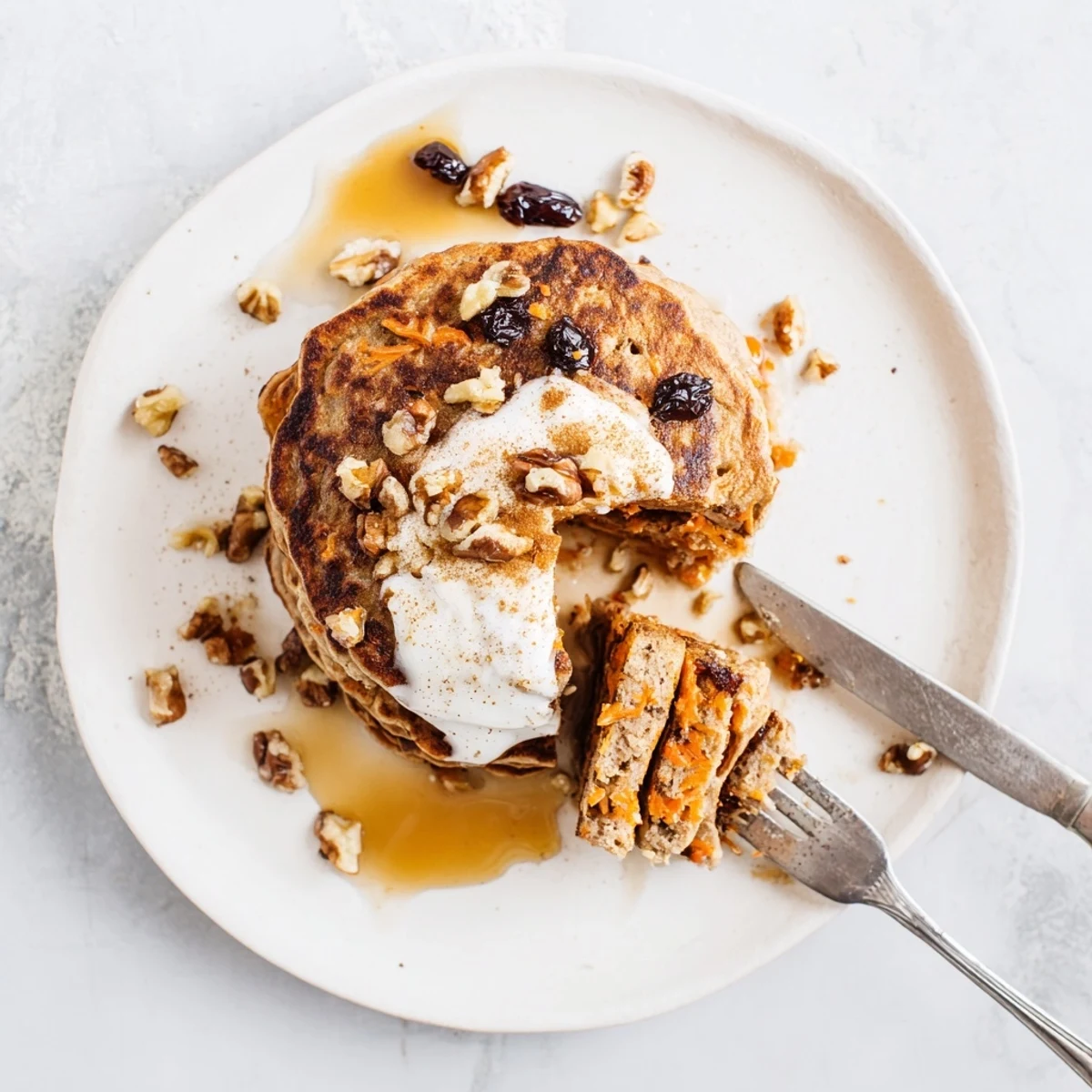 Golden brown carrot cake pancakes stacked high with grated carrots and chopped walnuts throughout