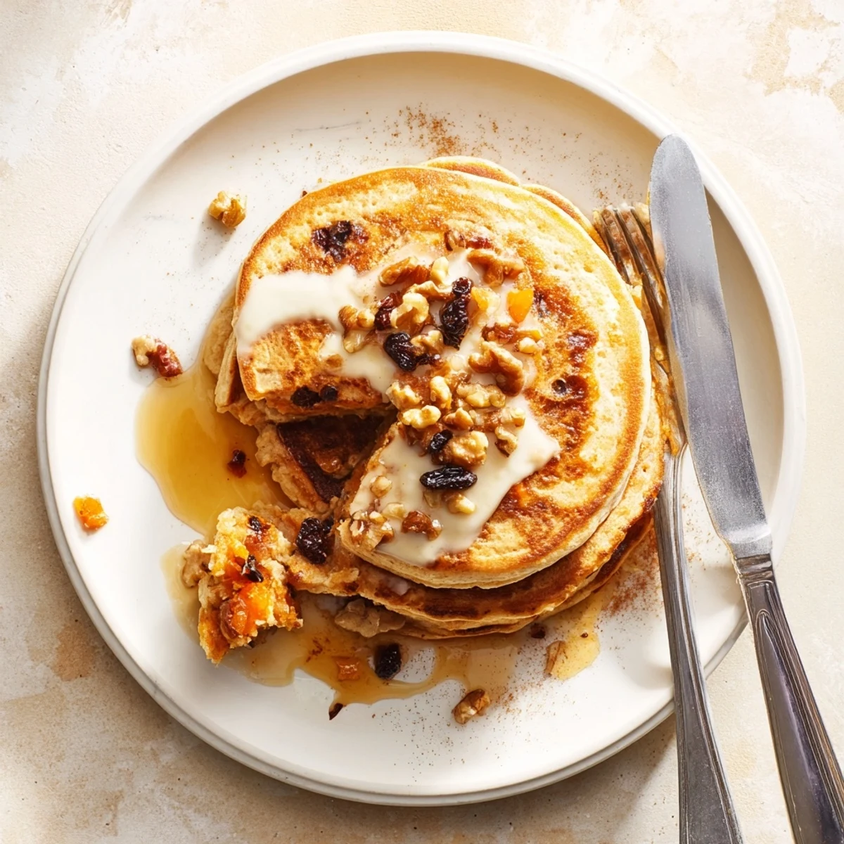 Stack of warm carrot cake pancakes topped with cream cheese glaze and fresh orange zest garnish