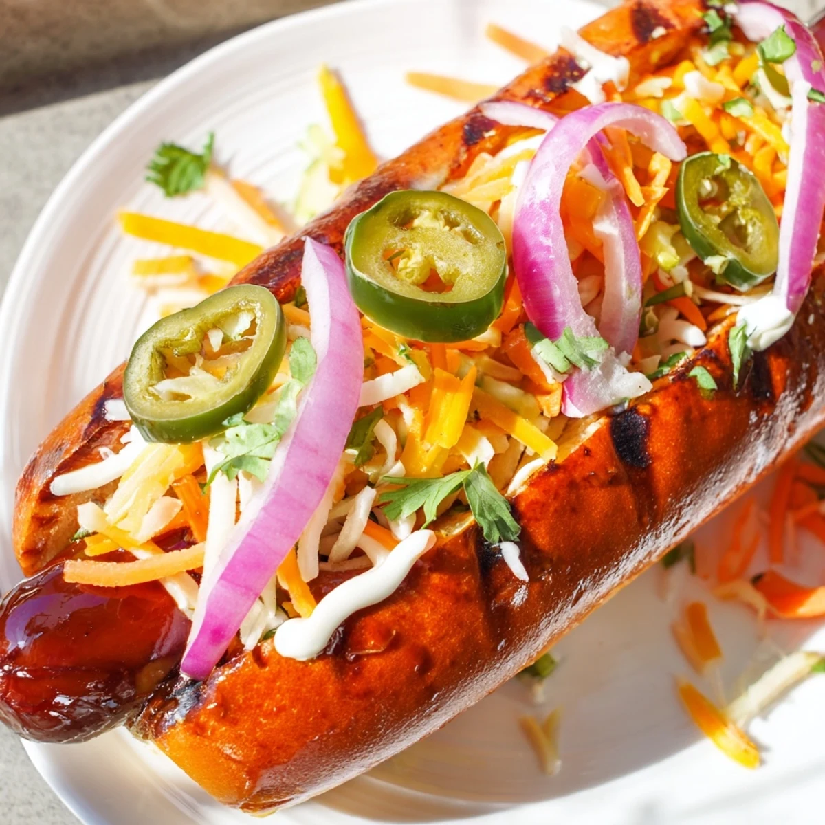 Spicy firecracker hot dogs topped with cheddar cheese, fresh veggies, and cilantro