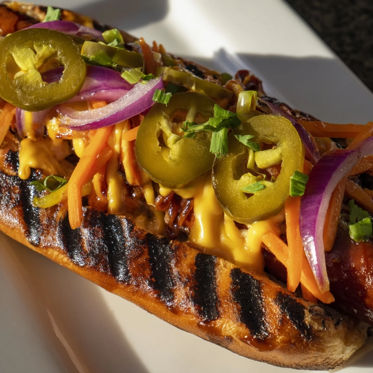 Grilled spicy firecracker hot dogs with jalapeños and crunchy vegetable toppings on toasted buns