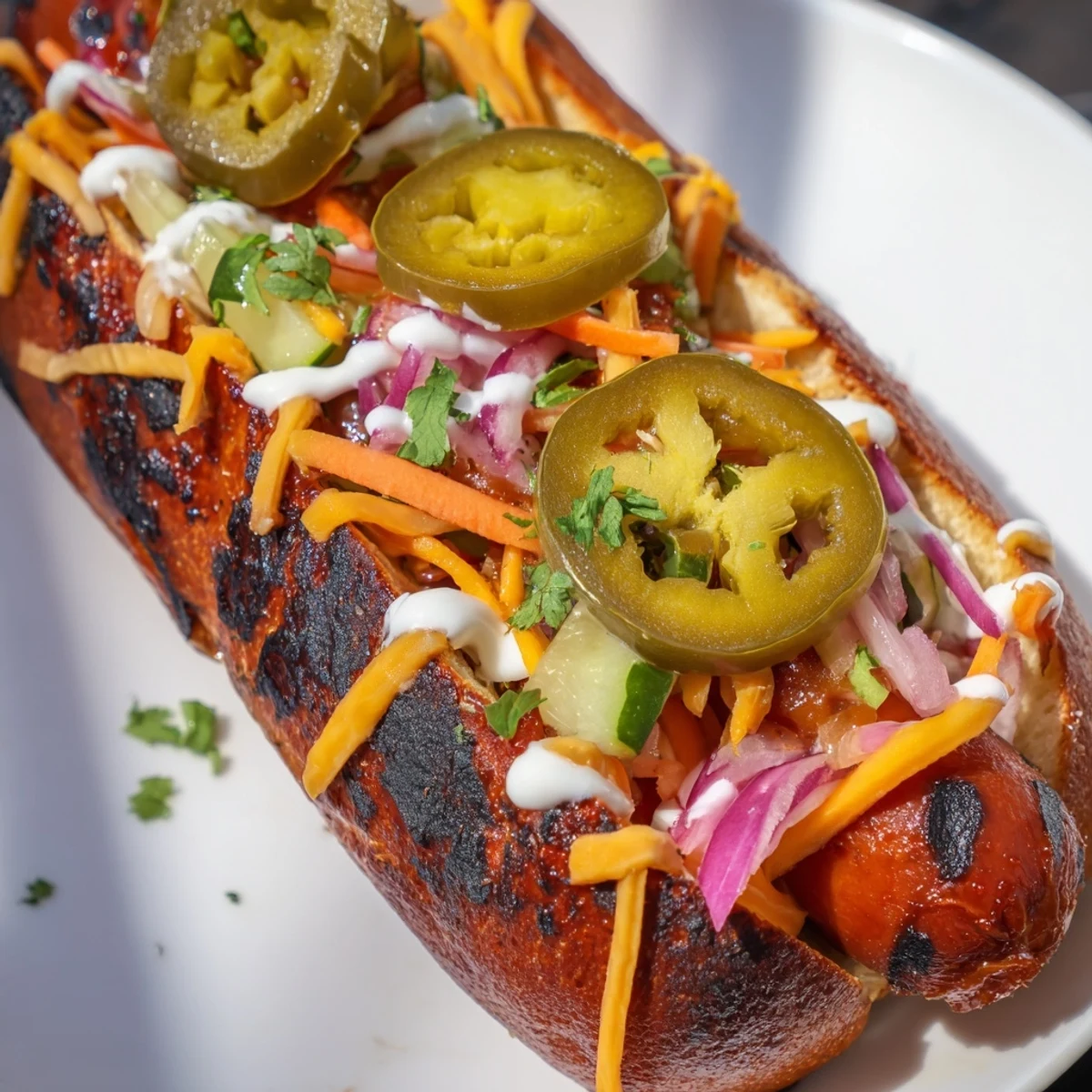 Firecracker hot dogs glazed with chili honey marinade and finished with pickled peppers