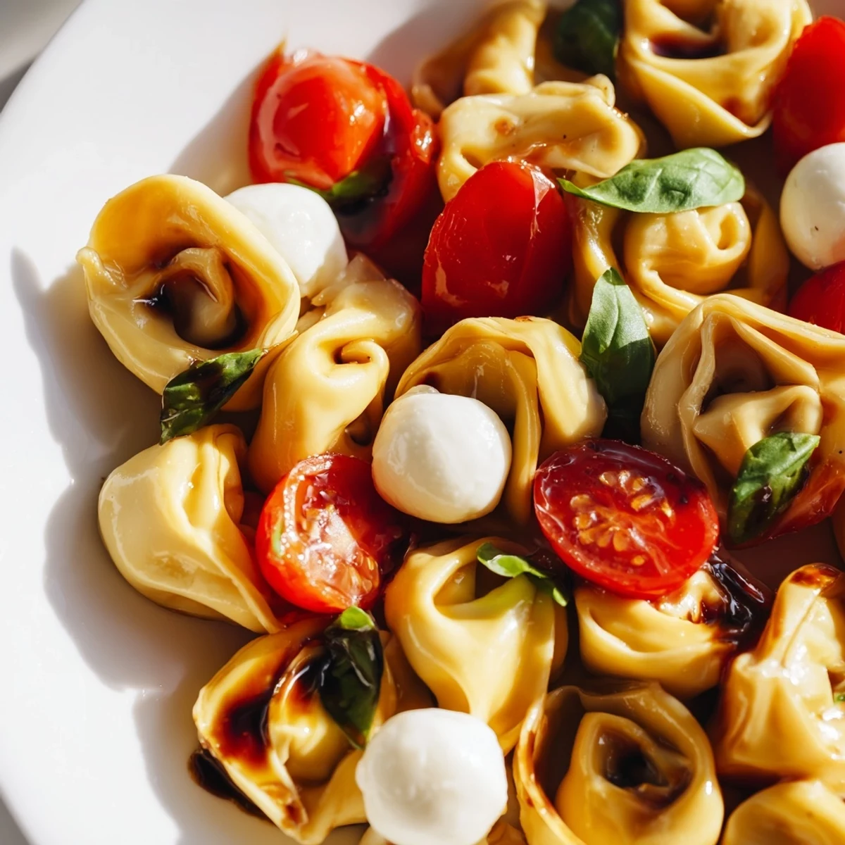 Fresh tortellini caprese salad bowl with cherry tomatoes, mozzarella balls, and basil leaves drizzled with balsamic glaze